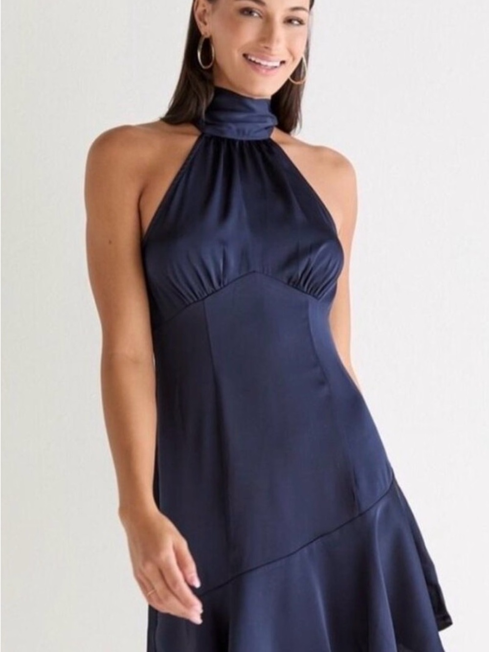 Navy Halter Neck Satin Dress